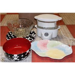 BOX W/ SERVING BOWLS, AND PLATTERS W/ FOOD STEAMER