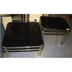 BRASS AND BLACK GLASS COFFEE TABLE WITH MATCHING