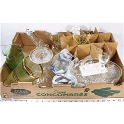 13) BOX OF ASSORTED GLASSWARES INCL SNACK TRAYS &