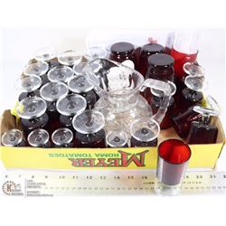8) BOX WITH VINTAGE RED GLASSES INCL WINE, LIQUOR,