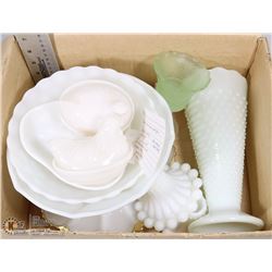 10) BOX OF ASSORTED CHINA INCL SOME MILK GLASS,