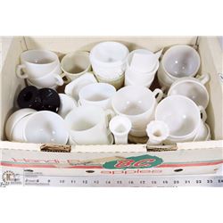 26) LOT OF MILK GLASS INCL COFFEE CUPS, CREAM &