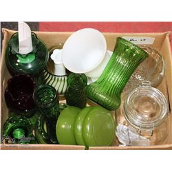 29) LOT OF ASSORTED VASES AND TERRARIUM JAR & LID.