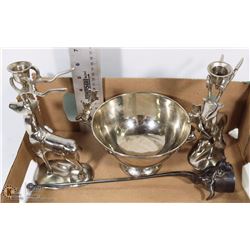 LOT OF SILVER 2  STAG CANDLE HOLDERS, DISH, CANDLE