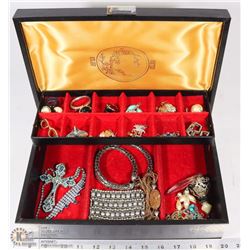 DECORATIVE BLACK JEWELLERY BOX FULL OF