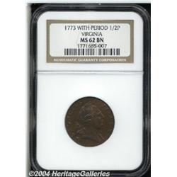 1773[1/2P] Virginia Halfpenny, Period MS62 Brown NGC.