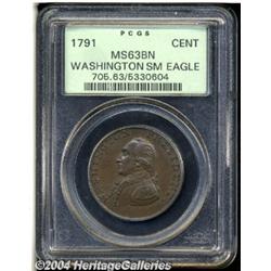1791[1C] Washington Small Eagle Cent MS63 Brown PCGS.