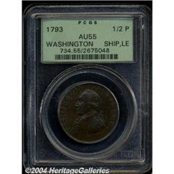 1793[1/2P] Washington Ship Halfpenny, Copper, Lettered Edge AU55 PCGS.