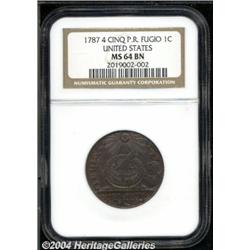 1787[1C] Fugio Cent, UNITED STATES, Cinquefoils MS64 Brown NGC.