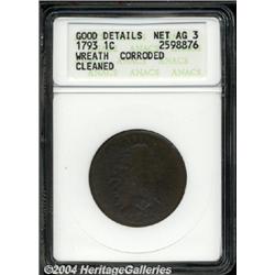 1793[1C] Wreath Cent--Vine and Bars--Corroded, Cleaned--ANACS. Good Details, Net AG3.