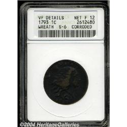 1793[1C] Wreath Cent--Vine and Bars--Corroded--ANACS. VF Details, Net Fine 12.