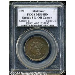1853[1C] Large Cent--Struck 5% Off Center--MS64 Brown PCGS.