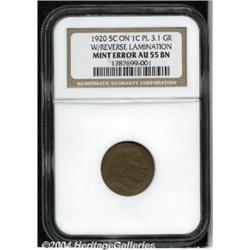 1920[5C]--Struck On A Cent Planchet, With Reverse Lamination--AU55 NGC.
