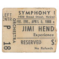 Jimi Hendrix 1968 Newark Symphony Hall Ticket Stub