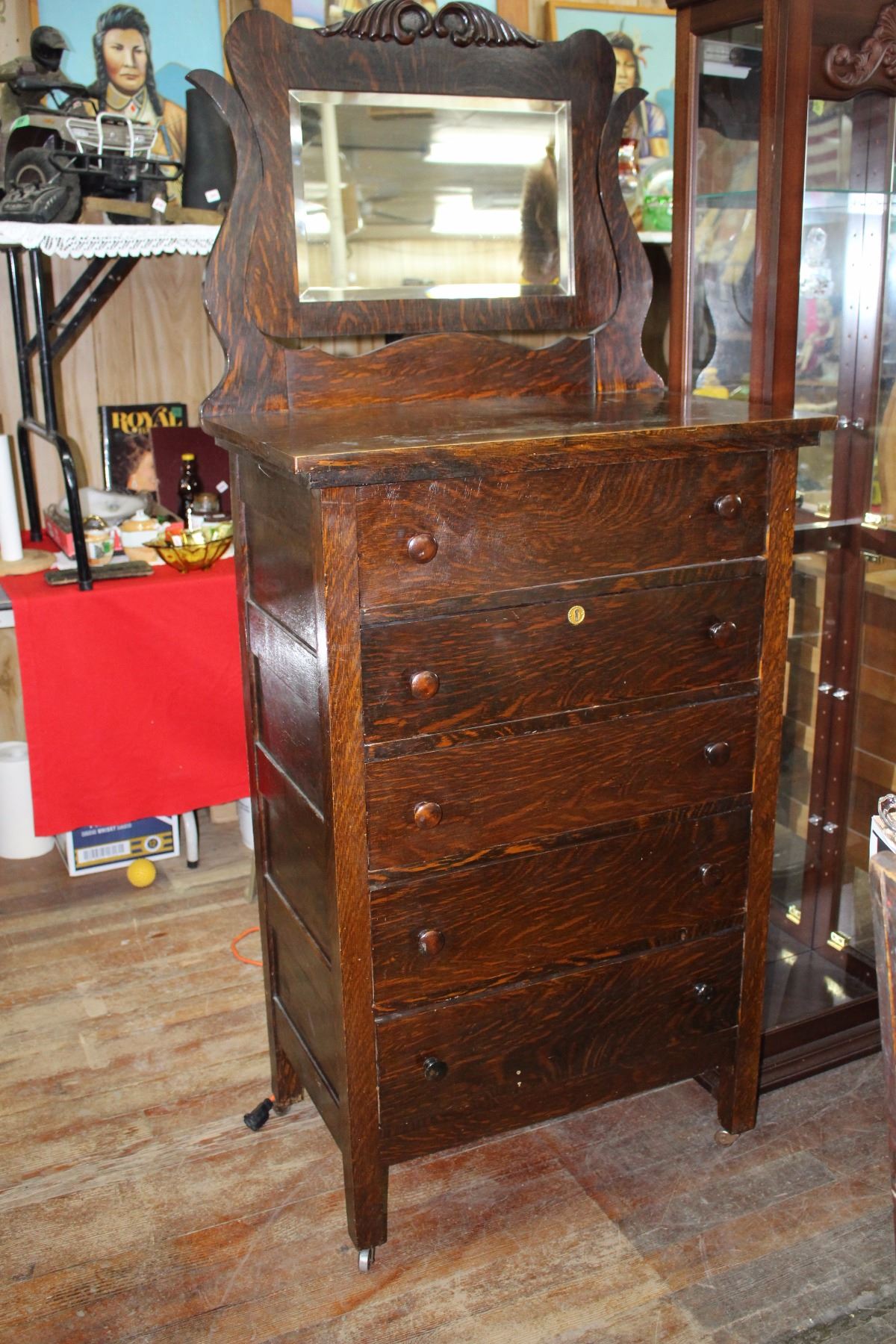 5 Drawer Tiger Oak Dresser W Mirror