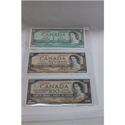 1954 Canada Bills (3) Modified - $1.00, $50.00, $100.00