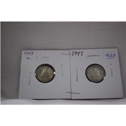 Canada Ten Cent Coins (2) 1947 (1 with ML) - Silver