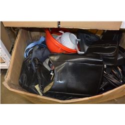 SHELF LOT OF BAGS STEREO AND ESTATE GOODS