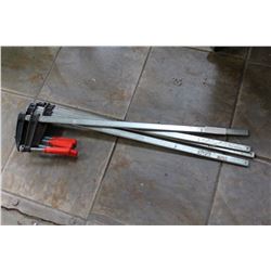 FOUR WOOD CLAMPS AND WOOD TOOL TOTE