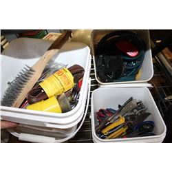 THREE BINS OF HAND TOOLS AND JUMPER CABLES