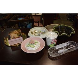 ASSORTED VINTAGE COLLECTIBLES, BRASS TRAY, HULL POTTERY PLANTER, CRYSTAL DISH, ETC.
