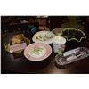 Image 1 : ASSORTED VINTAGE COLLECTIBLES, BRASS TRAY, HULL POTTERY PLANTER, CRYSTAL DISH, ETC.