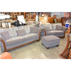 MODERN GREY FABRIC WOOD FRAMED SOFA AND LOVESEAT WITH OTTOMAN AND THROW PILLOWS