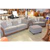 Image 1 : MODERN GREY FABRIC WOOD FRAMED SOFA AND LOVESEAT WITH OTTOMAN AND THROW PILLOWS