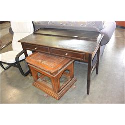 2 DRAWER DESK AND GLASS AND WALNUT SIDETABLE