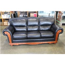 3 PIECE BLACK LEATHER WOOD FRAMED SOFA SET WITH BRASS NAIL HEAD DESIGN