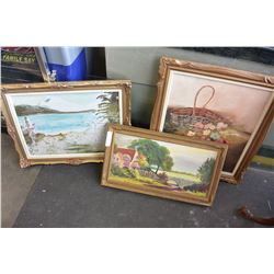 THREE GILT FRAMED PAINTINGS ON CANVAS