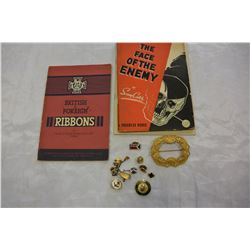 THREE VINTAGE PAPER BOOKS ON RIBBONS ETC AND COLLECTIBLE PINS