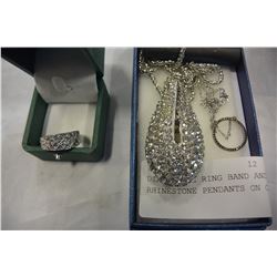 DIAMONETTE RING BAND AND TWO RHINESTONE PENDANTS ON CHAIN