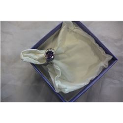 LADIES STAMPED 14KT WHITE GOLD RING WITH AMETHYST STONE AND DIAMOND CHIP SETTING