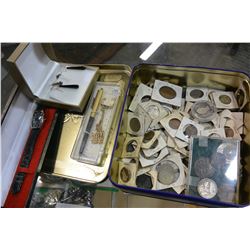 TIN OF COINS WATCH AND EARRINGS