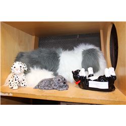 LARGE SHAGGY DOG AND THREE POTTERY ANIMALS