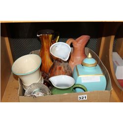 SHELF LOT OF POTTERY AND CERAMIC WATER JUGS