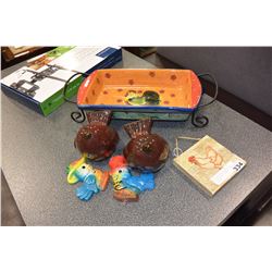 ITALIAN POTTERY CASSEROLE DISH AND DECORATIVE POTTERY CHICKENS