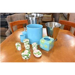 2 STAINLESS GARABGE BINS, DECORATIVE BLUE AND FLORAL BATHROOM VANITY ITEMS