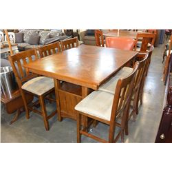 MISSION OAK STYLE BAR HEIGHT TABLE WITH HIDDEN LEAF AND STORAGE AND 6 BARSTOOLS