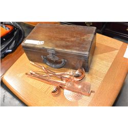 VINTAGE WOODEN BOX AND COPPER SERVING PIECES