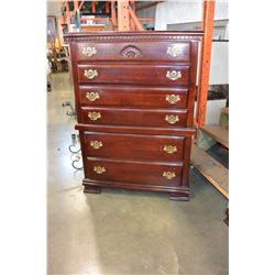CHERRY FINISH 5 DRAWER CHEST OF DRAWERS WITH BRASS HANDLES