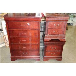 MAHOGANY FINISH 5 DRAWER HIGHBOY AND PAIR OF 2 DRAWER NIGHTSTANDS