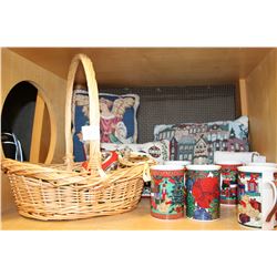 SHELF LOT OF CHRISTMAS DECOR AND COFFEE MUGS