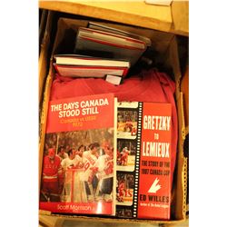 BOX OF HCOKEY JERSEYS AND SHIRTS AND BOOKS