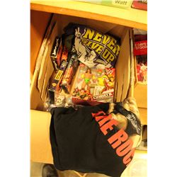 BOX OF WWF COLLECTIBLES AND SHIRT
