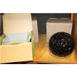 NEW PYREX IN BOX AND DECORATIVE ORBS