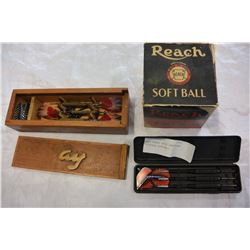 TWO CASED SETS DARTS AND VINTAGE SOFTBALL