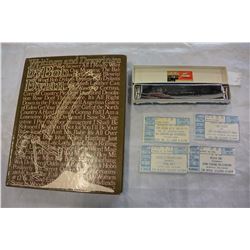 BOB DYLAN BOOK HARMONICA AND FOUR VINTAGE CONCERT STUBS