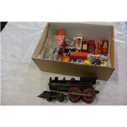 ANTIQUE CAST IRON TRAIN ENGINE AND HOT WHEEL CARS